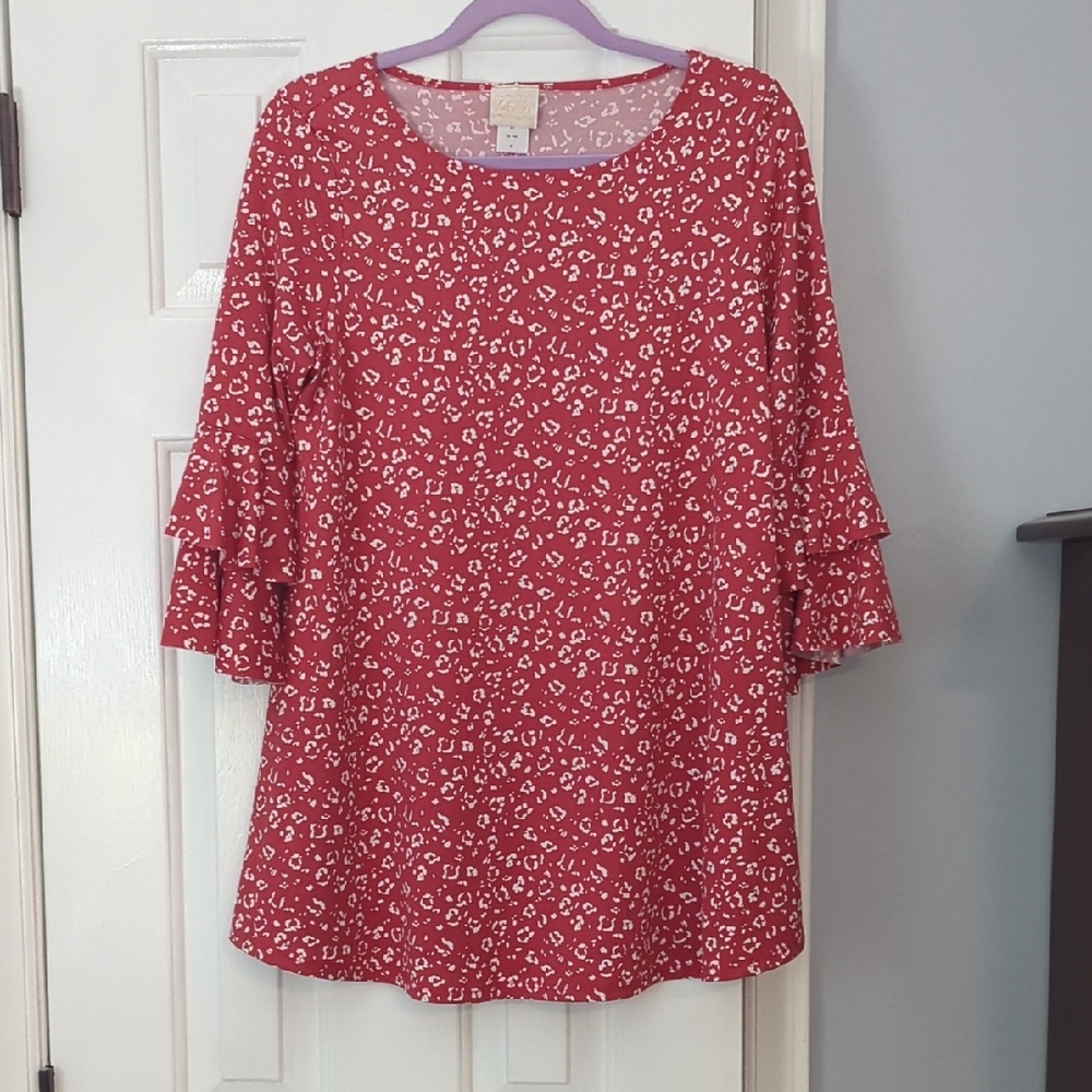Red Floral Ruffle Sleeve Top